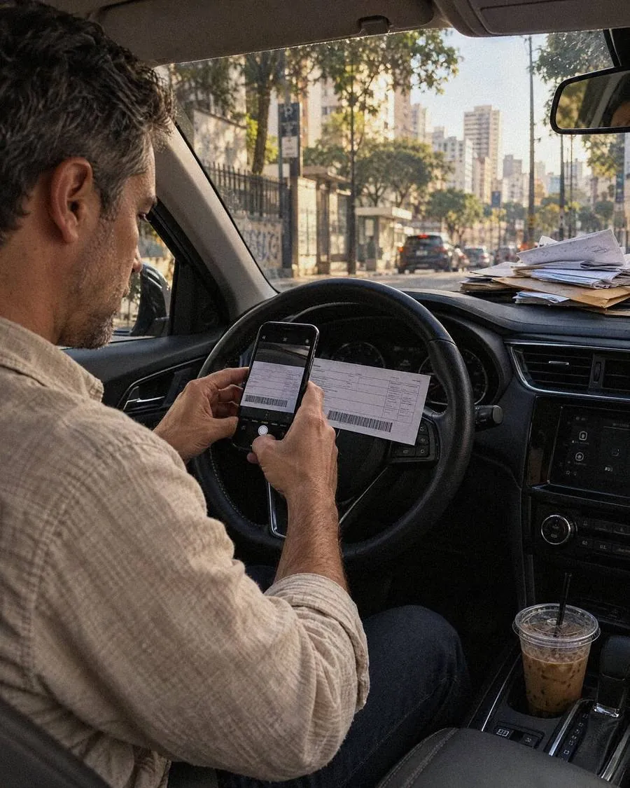 Homem dentro do carro fotografando um boleto com o celular.